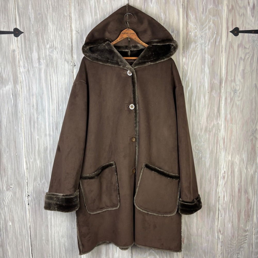 VTG Jones New York Womens Brown Faux Suede Fur Sheepskin Hooded Lined Coat 2X